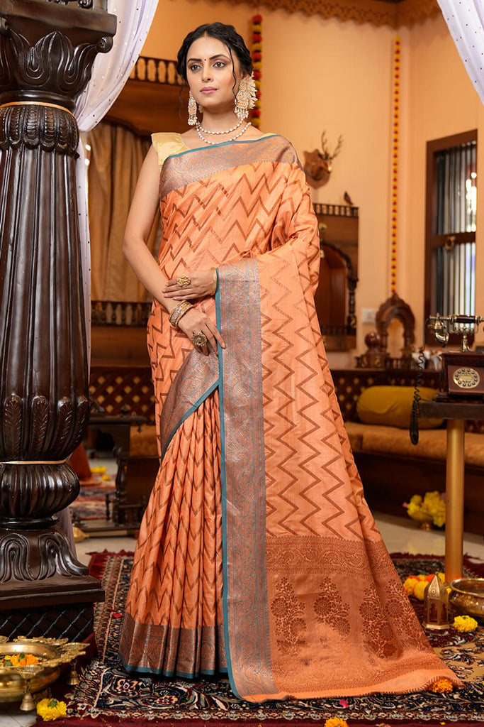 Ideal Peach Soft Banarasi Silk Saree With Admirable Blouse Piece Bvipul