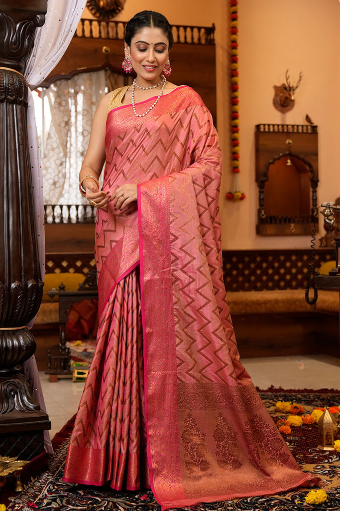Beauteous Pink Soft Banarasi Silk Saree With Divine Blouse Piece Bvipul