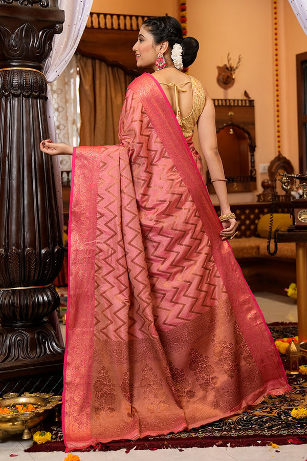Beauteous Pink Soft Banarasi Silk Saree With Divine Blouse Piece Bvipul