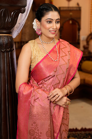 Beauteous Pink Soft Banarasi Silk Saree With Divine Blouse Piece Bvipul