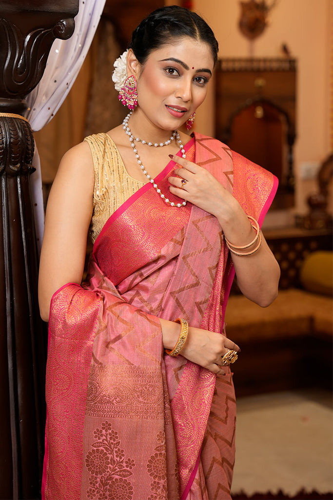 Beauteous Pink Soft Banarasi Silk Saree With Divine Blouse Piece Bvipul