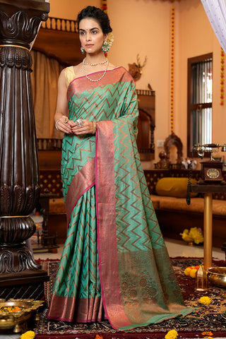Assemblage Sea Green Soft Banarasi Silk Saree With Jazzy Blouse Piece Bvipul