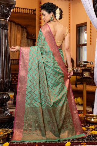 Assemblage Sea Green Soft Banarasi Silk Saree With Jazzy Blouse Piece Bvipul