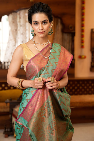 Assemblage Sea Green Soft Banarasi Silk Saree With Jazzy Blouse Piece Bvipul