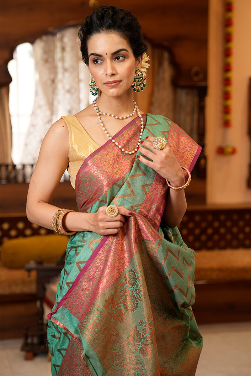 Assemblage Sea Green Soft Banarasi Silk Saree With Jazzy Blouse Piece Bvipul