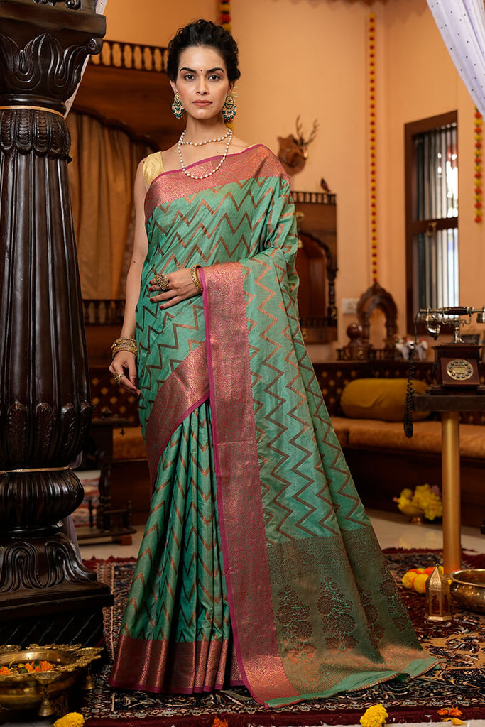 Assemblage Sea Green Soft Banarasi Silk Saree With Jazzy Blouse Piece Bvipul