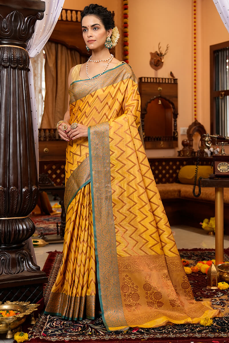 Bucolic Yellow Soft Banarasi Silk Saree With Lissome Fairytale Piece Bvipul