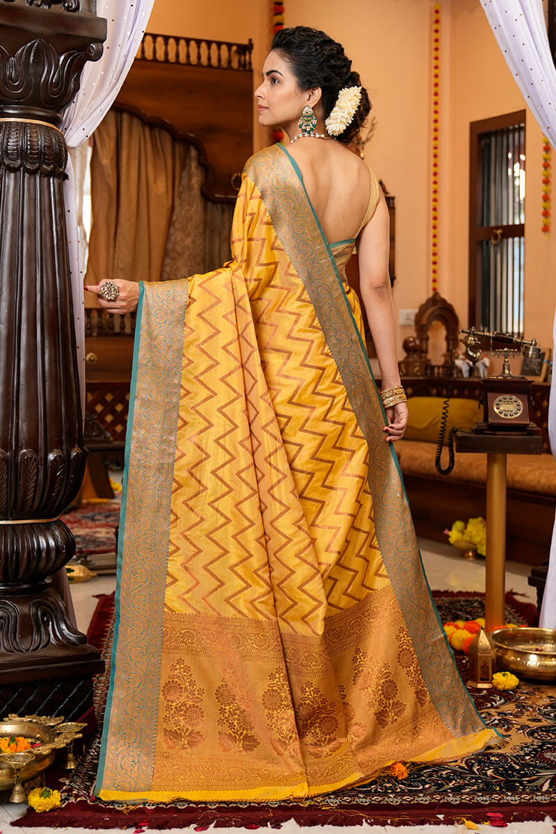 Bucolic Yellow Soft Banarasi Silk Saree With Lissome Fairytale Piece Bvipul
