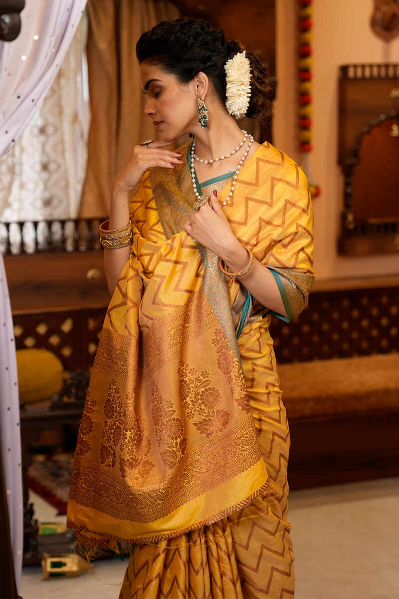 Bucolic Yellow Soft Banarasi Silk Saree With Lissome Fairytale Piece Bvipul