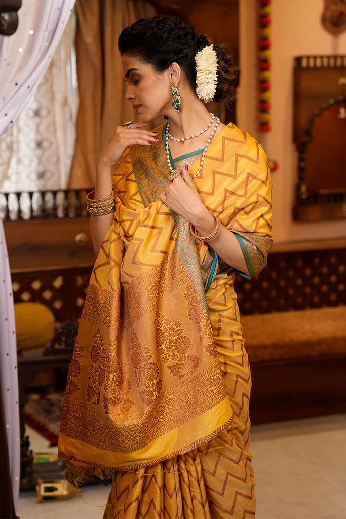 Bucolic Yellow Soft Banarasi Silk Saree With Lissome Fairytale Piece Bvipul