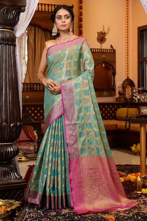 Cynosure Firozi Organza Silk Saree With Demesne Blouse Piece Bvipul Main image