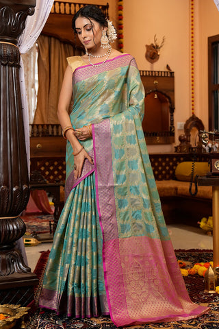 Cynosure Firozi Organza Silk Saree With Demesne Blouse Piece Bvipul