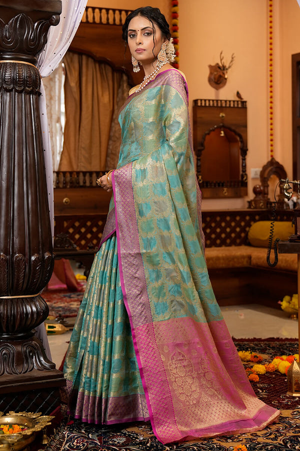 Cynosure Firozi Organza Silk Saree With Demesne Blouse Piece Bvipul