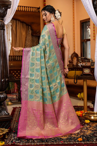 Cynosure Firozi Organza Silk Saree With Demesne Blouse Piece Bvipul