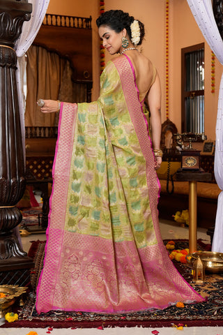 Opulent Mehndi Organza Silk Saree With Adoring Blouse Piece Bvipul