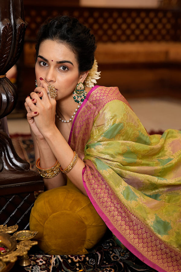 Opulent Mehndi Organza Silk Saree With Adoring Blouse Piece Bvipul