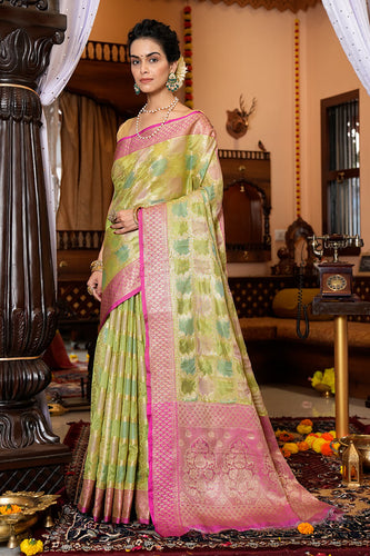 Opulent Mehndi Organza Silk Saree With Adoring Blouse Piece Bvipul