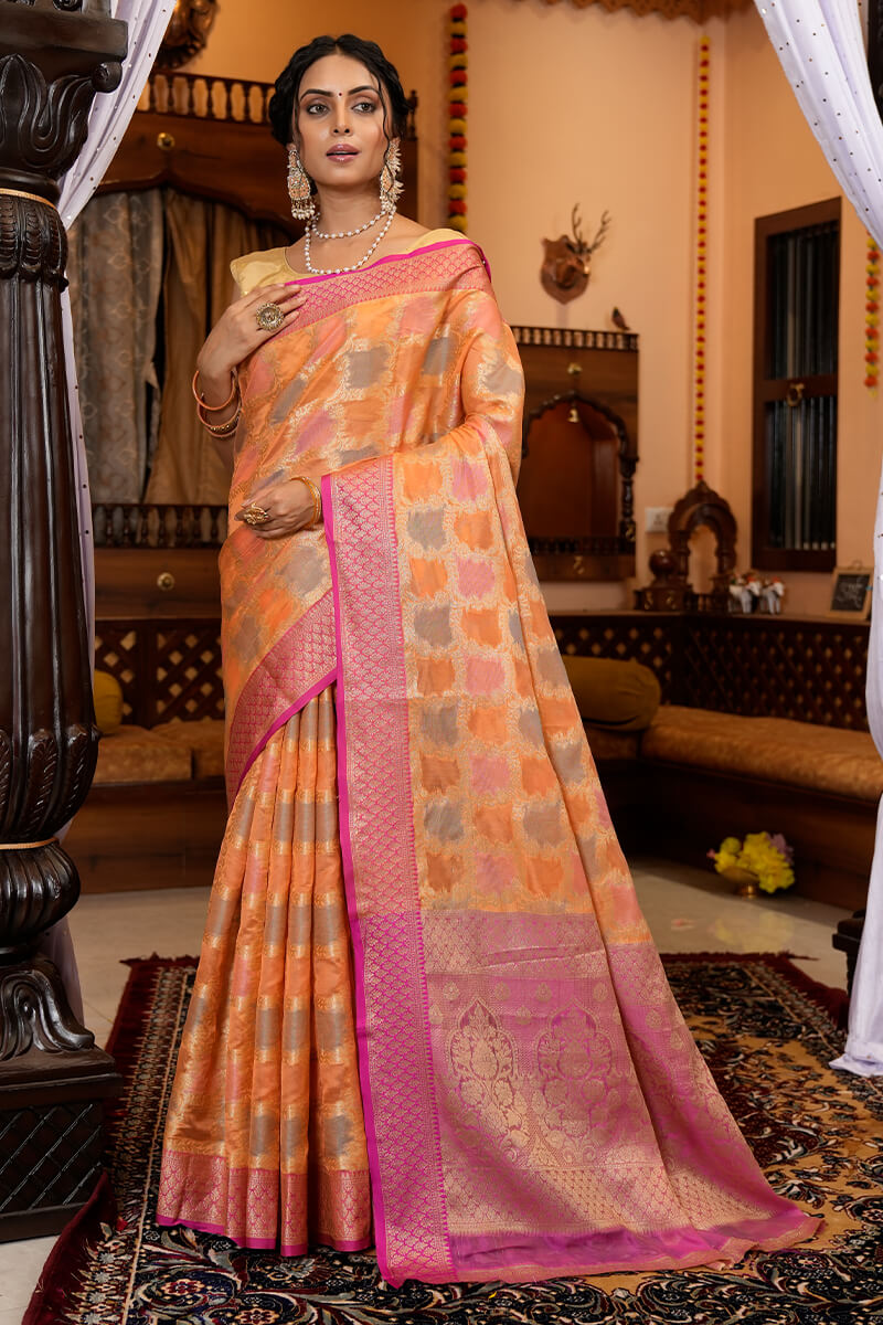 Radiant Orange Organza Silk Saree With Groovy Blouse Piece Bvipul Main image