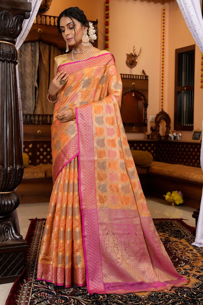 Pink with Orange Saree in Patola Silk for wedding - Clothsvi