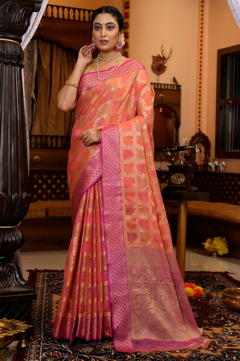 Exceptional Pink Organza Silk Saree With Prominent Blouse Piece Bvipul