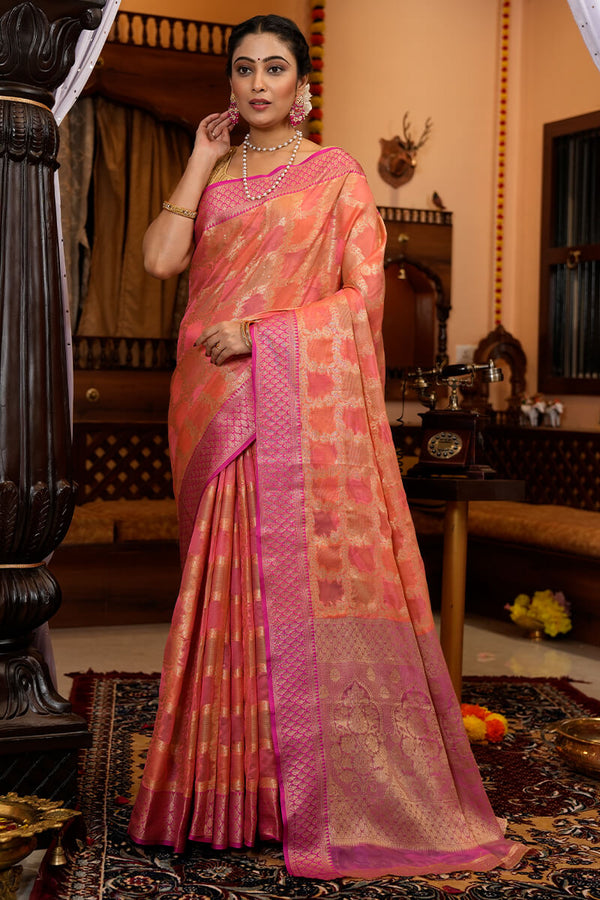 Exceptional Pink Organza Silk Saree With Prominent Blouse Piece Bvipul
