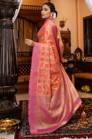Exceptional Pink Organza Silk Saree With Prominent Blouse Piece Bvipul