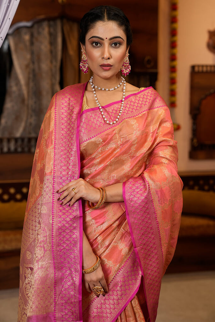 Exceptional Pink Organza Silk Saree With Prominent Blouse Piece Bvipul