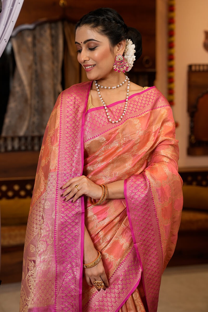 Exceptional Pink Organza Silk Saree With Prominent Blouse Piece Bvipul