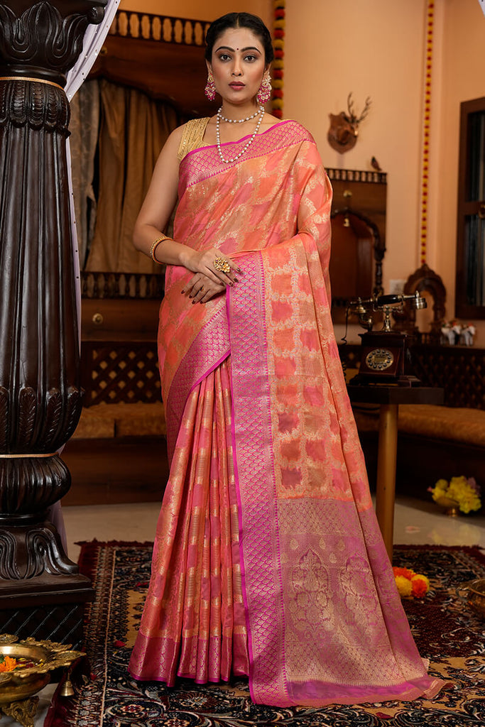 Organza silk saree pink shade with allover zari weaves & floral digita –  Cherrypick