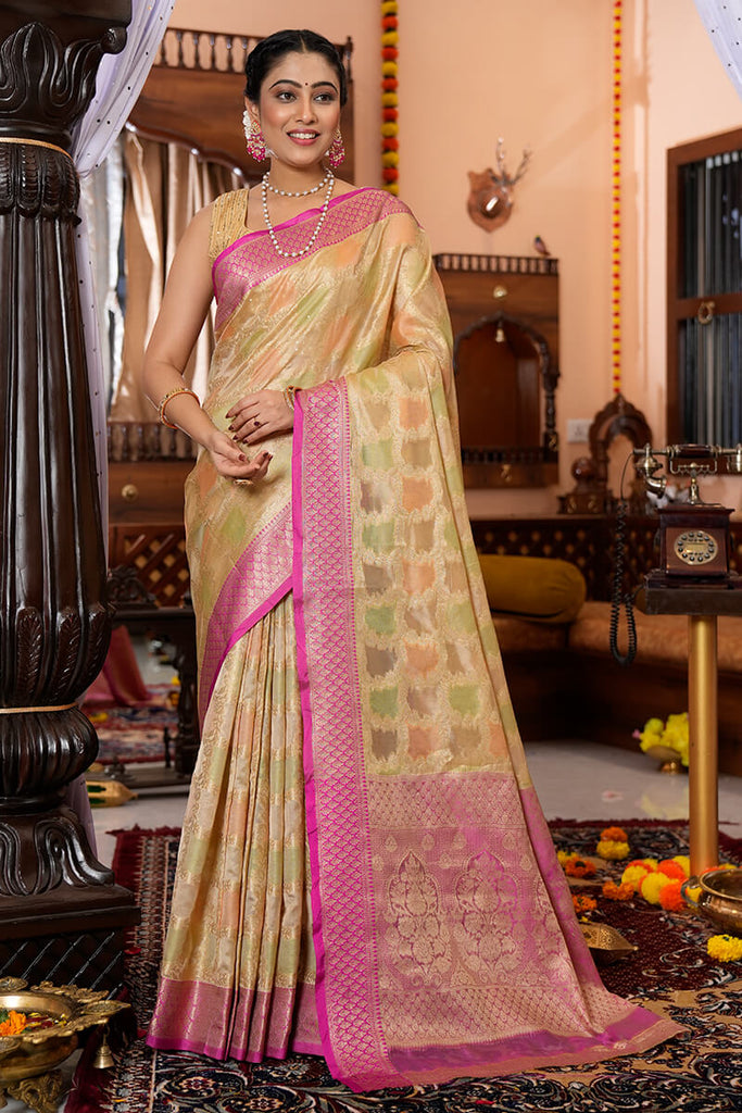 Mesmeric Pista Organza Silk Saree With Flamboyant Blouse Piece Bvipul