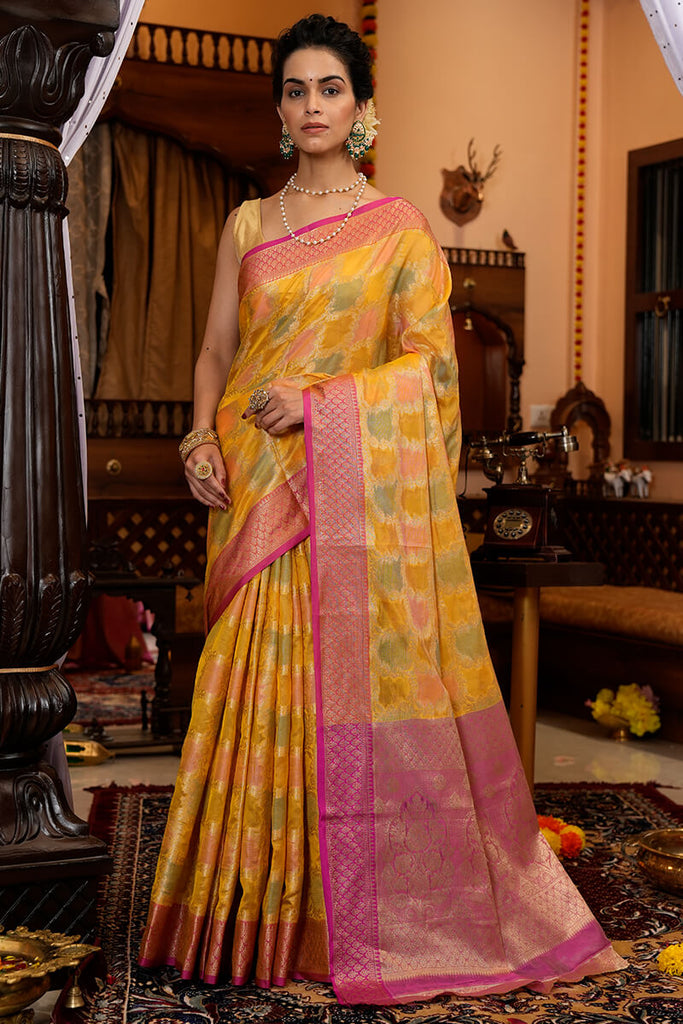Pleasant Yellow Organza Silk Saree With Flameboyant Blouse Piece Bvipul