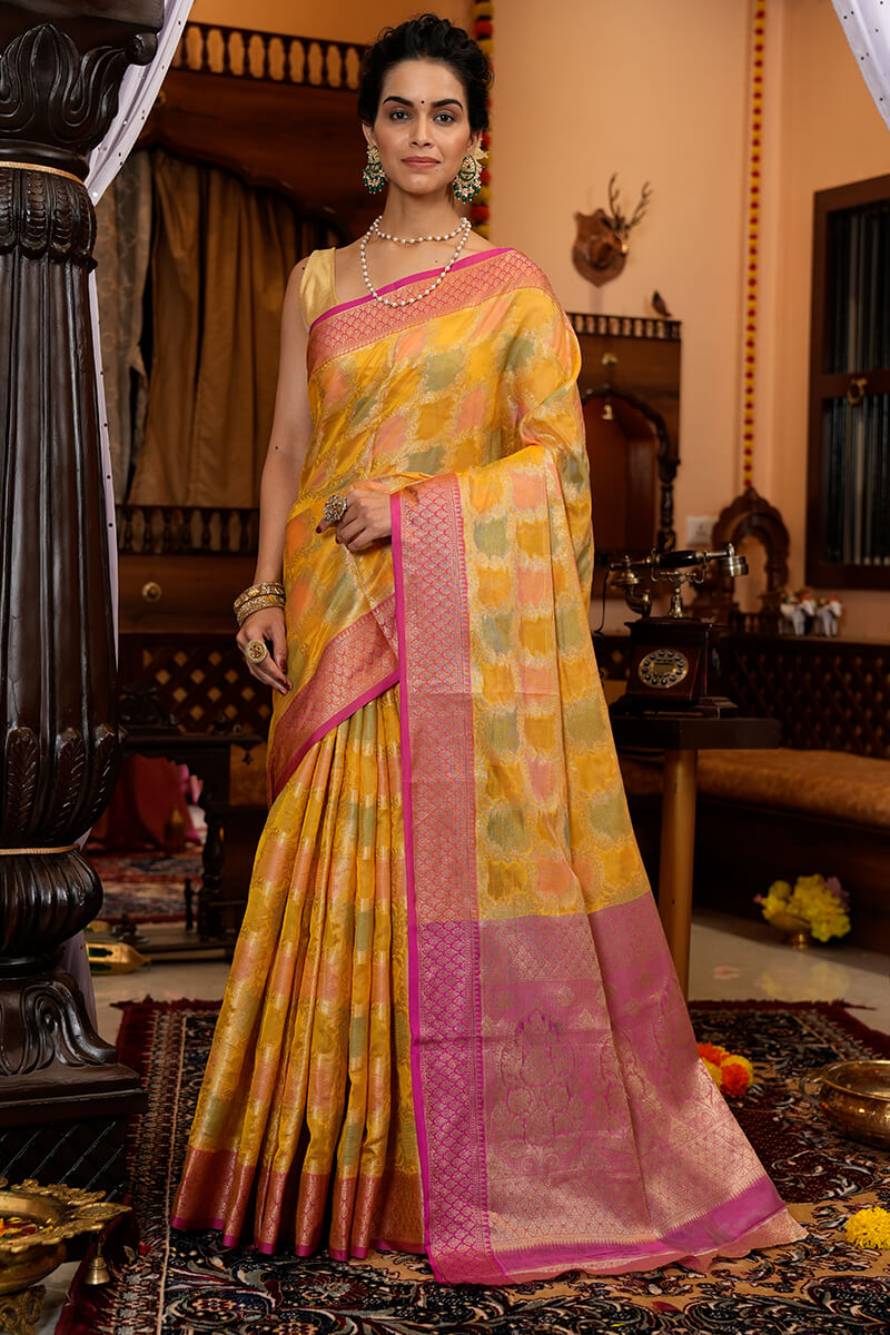 Pleasant Yellow Organza Silk Saree With Flameboyant Blouse Piece Bvipul Main image
