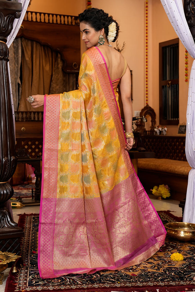 Pleasant Yellow Organza Silk Saree With Flameboyant Blouse Piece Bvipul