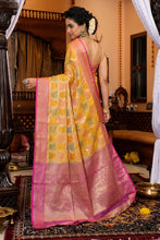 Load image into Gallery viewer, Pleasant Yellow Organza Silk Saree With Flameboyant Blouse Piece Bvipul