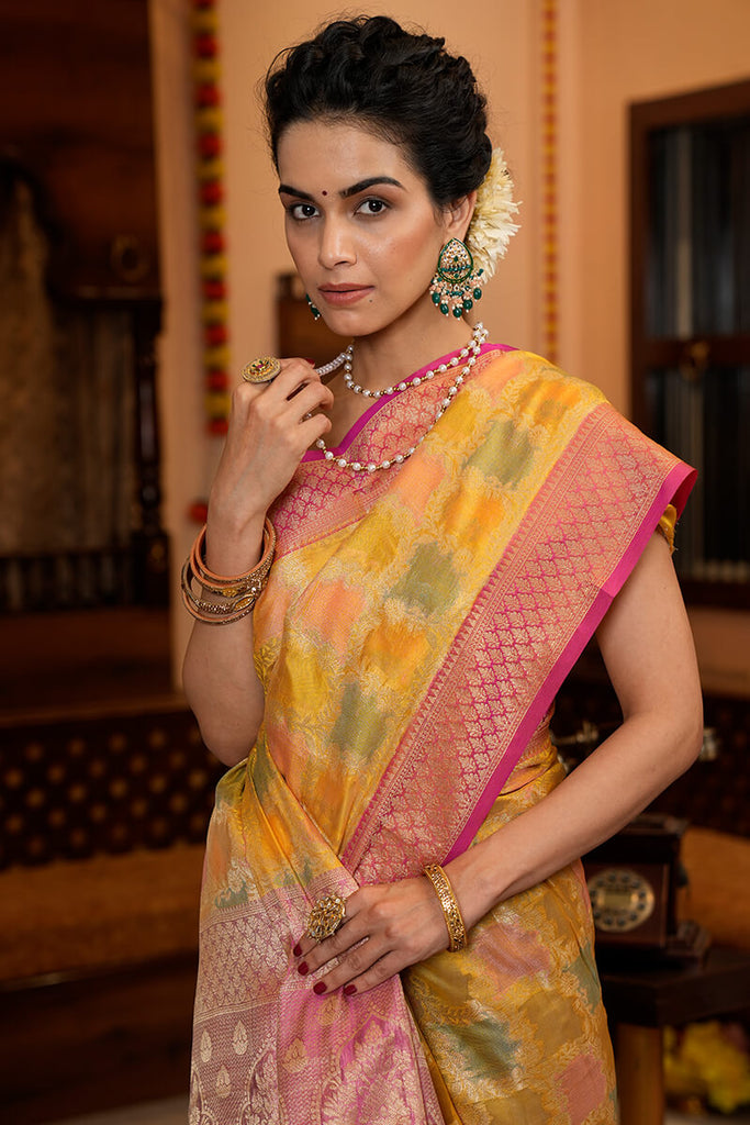 Pleasant Yellow Organza Silk Saree With Flameboyant Blouse Piece Bvipul