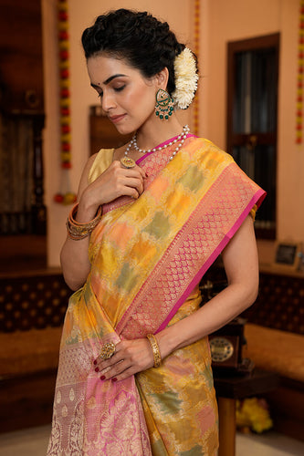Pleasant Yellow Organza Silk Saree With Flameboyant Blouse Piece Bvipul