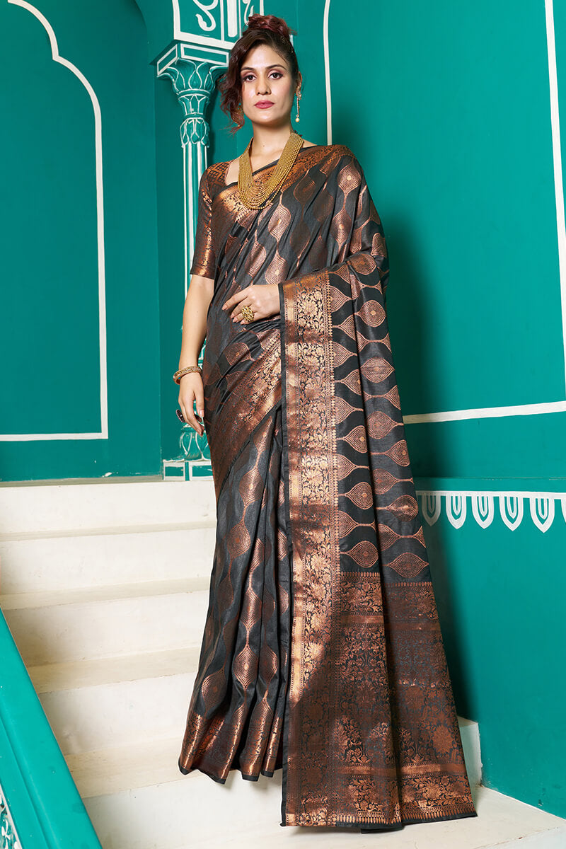 extravagant Black Soft Banarasi Silk Saree With Murmurous Blouse Piece Bvipul Main image