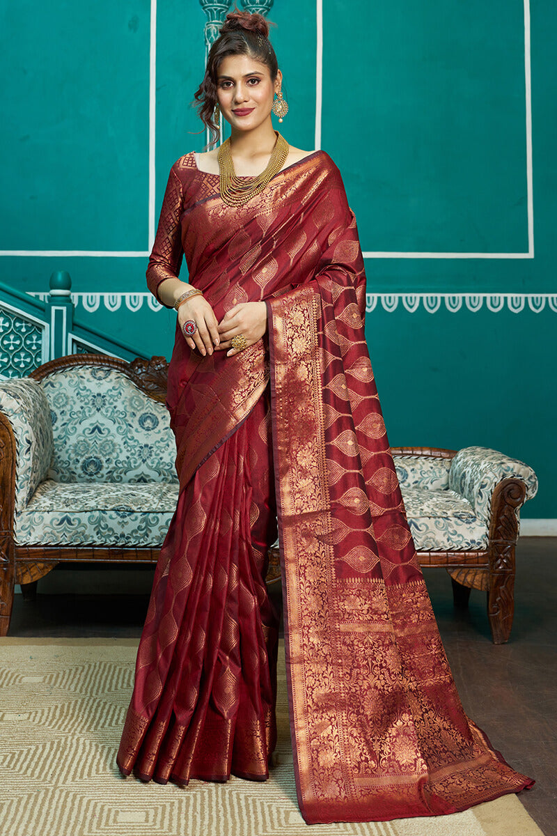 Stunner Maroon Soft Banarasi Silk Saree With Classic Blouse Piece Bvipul