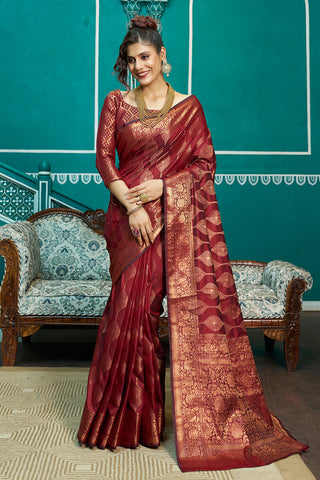 Stunner Maroon Soft Banarasi Silk Saree With Classic Blouse Piece Bvipul