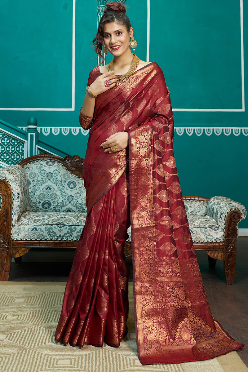 Stunner Maroon Soft Banarasi Silk Saree With Classic Blouse Piece Bvipul Main image
