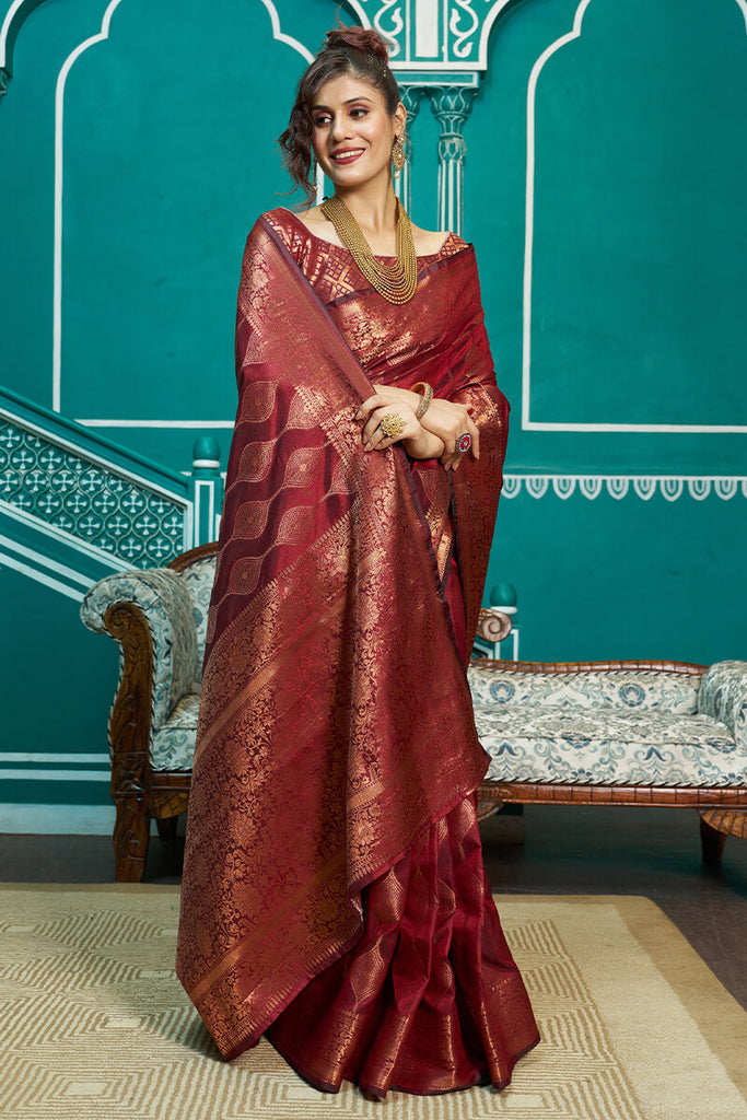 Stunner Maroon Soft Banarasi Silk Saree With Classic Blouse Piece Bvipul