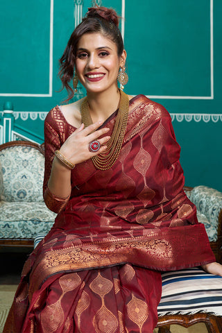 Stunner Maroon Soft Banarasi Silk Saree With Classic Blouse Piece Bvipul