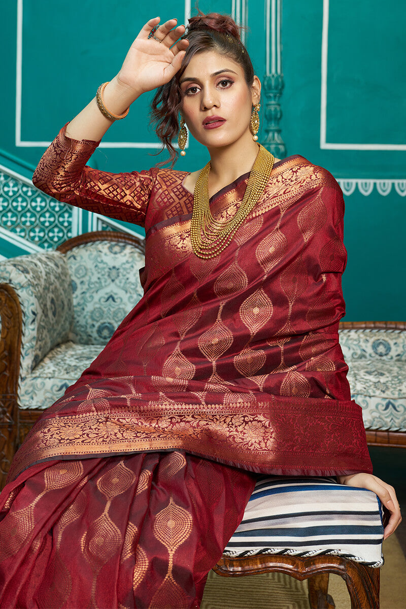 Stunner Maroon Soft Banarasi Silk Saree With Classic Blouse Piece Bvipul
