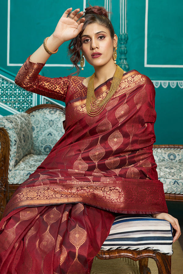 Stunner Maroon Soft Banarasi Silk Saree With Classic Blouse Piece Bvipul