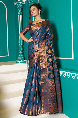 Seraglio Navy Blue Soft Banarasi Silk Saree With Exquisite Blouse Piece Bvipul