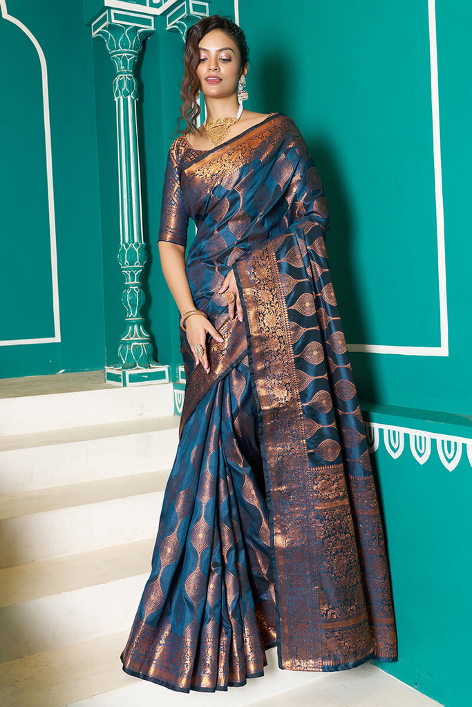 Seraglio Navy Blue Soft Banarasi Silk Saree With Exquisite Blouse Piece Bvipul