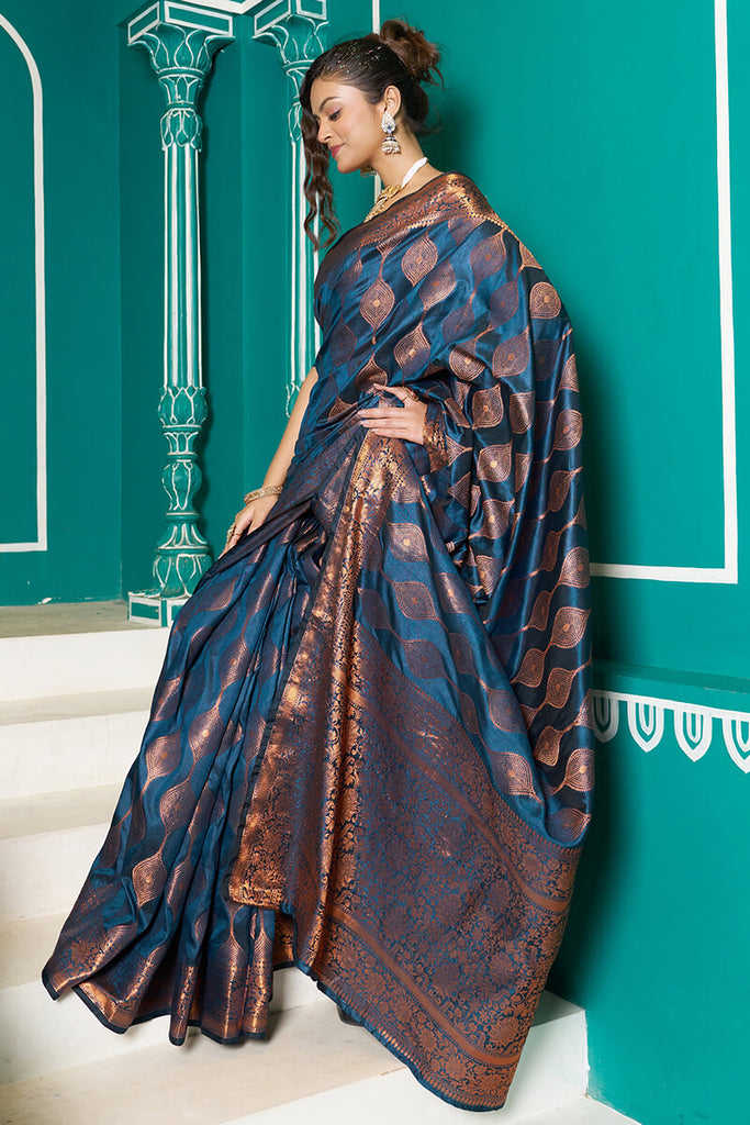 Seraglio Navy Blue Soft Banarasi Silk Saree With Exquisite Blouse Piece Bvipul