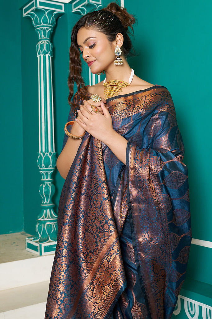 Seraglio Navy Blue Soft Banarasi Silk Saree With Exquisite Blouse Piece Bvipul