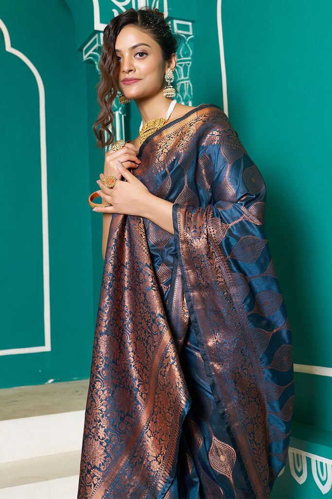 Seraglio Navy Blue Soft Banarasi Silk Saree With Exquisite Blouse Piece Bvipul