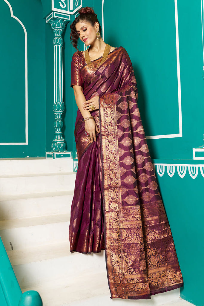 Inspiring Purple Soft Banarasi Silk Saree With Fairytale Blouse Piece Bvipul